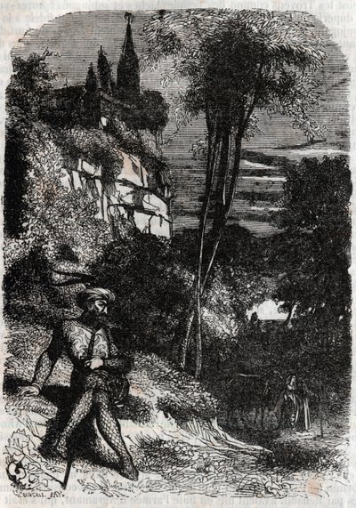 رودومونت وإيزابيلا و Old Hermit - نقش 1851 من "Furious Roland" (أورلاندو فوريوسو) (القرن السادس عشر) لودوفيكو أريوستو ، المعروف باسم Ariosto - طبعة مترجمة من الإيطالية بواسطة Count of Tressan ونشرها Gustave Harvard 1851 بواسطة فنان غير معروف
