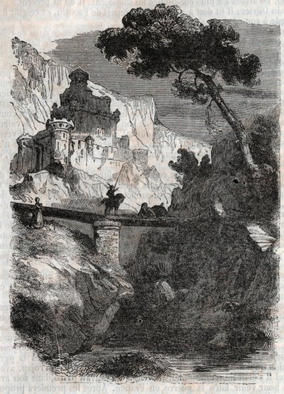 هزم رودومونت من قبل برادامانت - نقش عام 1851 من "Furious Roland" (أورلاندو فوريوسو) (القرن السادس عشر) من قبل Ludovico Ariosto ، المعروف باسم Ariosto - طبعة مترجمة من الإيطالية بواسطة Count of Tressan ونشرها Gustave Harvard 1851 بواسطة فنان غير معروف