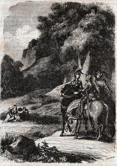روجر (روجيرو ، روجيرو) ، مارفيسا (مارفيسا) والنساء الثلاث - نقش من عام 1851 من "" Roland furieux "(أورلاندو فوريوسو) (القرن السادس عشر) بواسطة Ludovico Ariosto ، يُدعى Ariosto - طبعة مترجمة من الإيطالية بواسطة كونت تريسان ونشرتها بواسطة فنان غير معروف