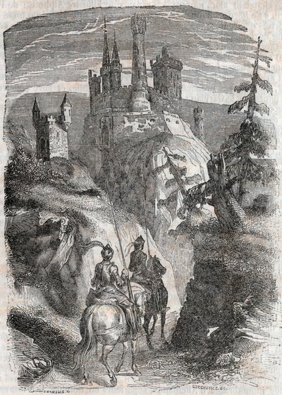 روجر (روجيرو ، روجيرو) وريتشريت يرون قلعة إيجريمونت - نقش من عام 1851 من "" Roland furieux "(أورلاندو فوريوسو) (القرن السادس عشر) بواسطة Ludovico Ariosto ، المعروف باسم Ariosta - طبعة مترجمة من الإيطالية بواسطة كونت تريسان و سنة بواسطة فنان غير معروف