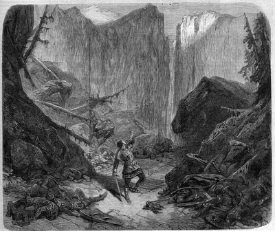 رولان ينفخ في بوقه في معركة رونسيسفو في 15 أغسطس 778. رسم لألفونس دي نوفيل (1836-1885) لأوبرا "Roland a Roncesvaux" (الفصل الرابع ، المشهد 1) لأوغست ميرمت (1810-1889). باريس ، المسرح الإمبراطوري دي لوبيرا بواسطة فنان غير معروف