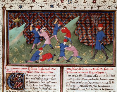 رومان من تأليف أوجييه الدنماركي: القتال باليد والعصا المصغرة المأخوذة من "" تاريخ برتراند دو جويسكلين "" (Ms 490) 1405 Musee Conde، Chantilly بواسطة فنان غير معروف