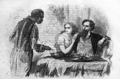 المسلسل الروماني: "متشددو باريس" لبول بوكاج (1824-1887). "الزنجي جلب لروبرت بطاقة العمل." نقش في "" Les bons romances "" بواسطة فنان غير معروف
