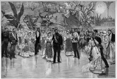 رومانيا: الكرة تكريما للأمير رودولف (1858-1889) والأميرة ستيفاني من النمسا والمجر (1864-1945) في المسرح الوطني في بوخارست. نقش في "" Le Monde Illustré "" بواسطة فنان غير معروف
