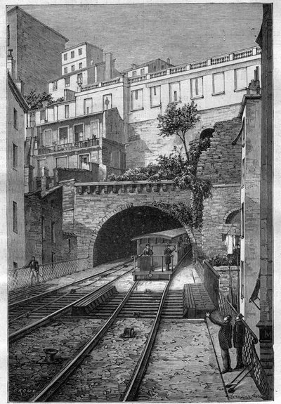 طريق du chemin de fer من ليون إلى Fourviere - نقش في "Journal des voyages" "1884 بواسطة فنان غير معروف