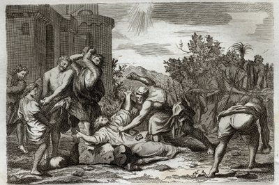 كتاب رومونت المقدس ، العهد الجديد: موت القديس ستيفن ، أول شهيد مسيحي ، رجمًا. رسم توضيحي من عام 1811. بواسطة فنان غير معروف