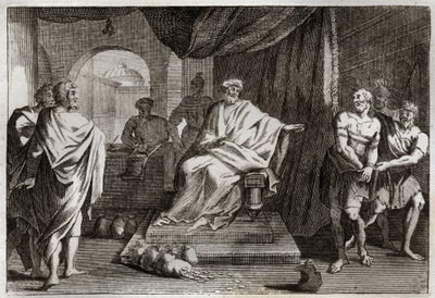 الكتاب المقدس Royaumont ، العهد الجديد: مثل المواهب. سيد يعاقب أحد عبيده الذي أخفى المال الذي أعطاه إياه. رسم توضيحي من عام 1811. بواسطة فنان غير معروف