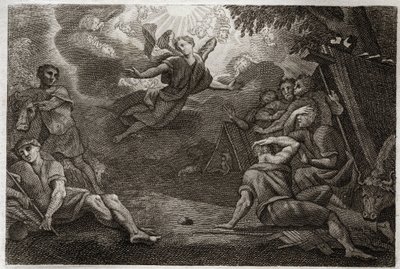 الكتاب المقدس Royaumont ، العهد الجديد: القساوسة في Crech. ملاك يعلن ولادة يسوع المسيح للرعاة (البشارة للرعاة). رسم توضيحي من عام 1811. بواسطة فنان غير معروف