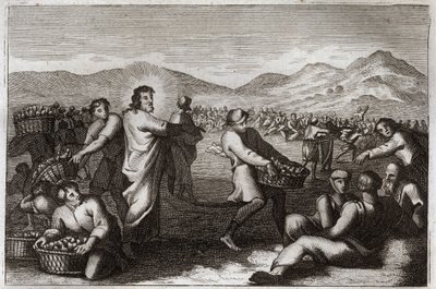 الكتاب المقدس Royaumont ، العهد الجديد: نشر الأرغفة. يضاعف يسوع المسيح خمسة أرغفة ويطعم خمسة آلاف رجل. رسم توضيحي من عام 1811. بواسطة فنان غير معروف
