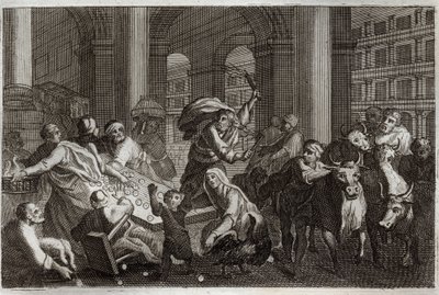 الكتاب المقدس Royaumont ، العهد الجديد: البائعون يصطادون من الهيكل. يبتعد يسوع المسيح عن الهيكل الذين دنسوه بسبب حركة المرور التي كانوا يقومون بها هناك. رسم توضيحي من عام 1811. بواسطة فنان غير معروف