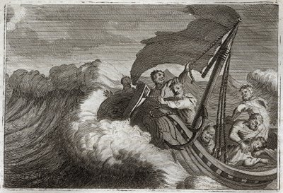 الكتاب المقدس Royaumont ، العهد الجديد: استرضاء Tempete. فوجئ الرسولون بعاصفة أيقظت يسوع المسيح الذي نام في سفينتهم ، وهو يهدأ أيضًا في بحر الجليل. رسم توضيحي من عام 1811. بواسطة فنان غير معروف