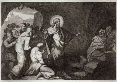 كتاب رومونت الكتاب المقدس ، العهد الجديد: قيامة لعازر بيسوع المسيح. رسم توضيحي من عام 1811. بواسطة فنان غير معروف