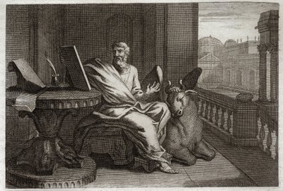 كتاب رومونت المقدس ، العهد الجديد: الإنجيلي القديس لوقا مع الثور. رسم توضيحي من عام 1811. بواسطة فنان غير معروف