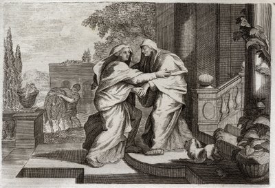 الكتاب المقدس Royaumont ، العهد الجديد: زيارة. ستزور القديسة مريم العذراء ابنة عمها إليزابيث. رسم توضيحي من عام 1811. بواسطة فنان غير معروف