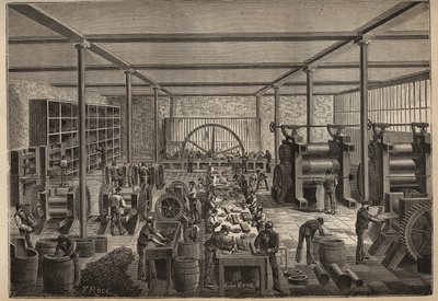 المطاط: مصنع المطاط. نقش من عام 1885 في "" Les Arts et metiers Illustres "" لأدولف بيتارد. بواسطة فنان غير معروف