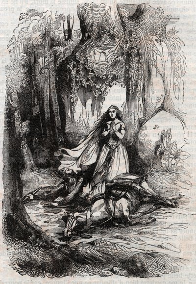 Sacripant (Sacripante) desarconne بحضور Angelica (Angelica) - نقش 1851 من "Roland furieux" (أورلاندو فوريوسو) (القرن السادس عشر) بواسطة Ludovico Ariosto ، المعروف باسم Ariosta - طبعة مترجمة من الإيطالية بواسطة كونت تريسان و ص بواسطة فنان غير معروف