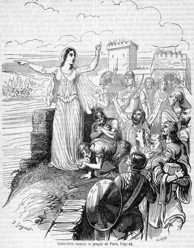 تنظم Sainte Geneviève الدفاع عن باريس ضد جحافل Attila وتطمئن سكان باريس - في "Histoire de France" بقلم Anquetil بواسطة فنان غير معروف
