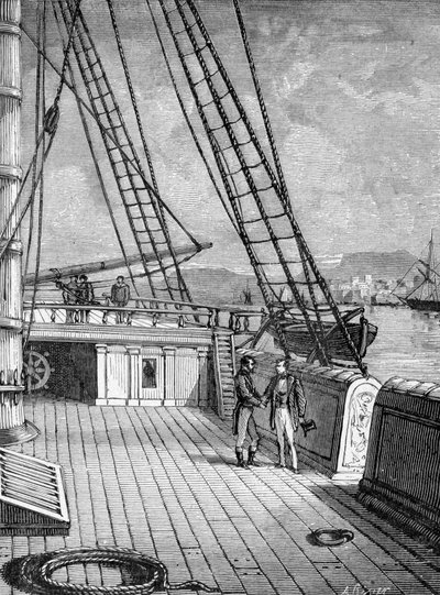 صموئيل مورس (1791-1872) ، مخترع التلغراف الإلكتروني (1844) وأبجدية مورس على متن البطانة "سولي" في عام 1832. نقش القرن التاسع عشر بواسطة فنان غير معروف