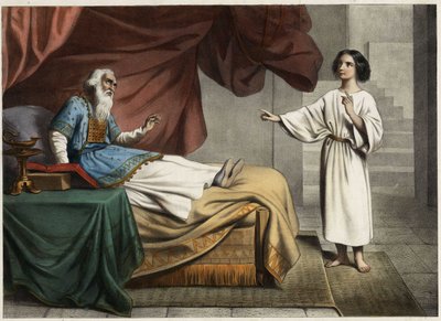 صموئيل ، الذي يسمع صوت الرب يناديه في منتصف الليل ، يعتقد أن هذا هو معلمه رئيس الكهنة إيلي (هيلي). نقش مجهول من منتصف القرن التاسع عشر. بواسطة فنان غير معروف