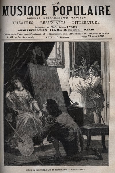 مشهد للصورة في الكوميديا "e Sicilian ou l'Amour الرسام" "" لموليير في فصل واحد ، على موسيقى جان بابتيست لولي (جان بابتيست (لولي (جيوفاني باتيستا لولي)) (1632-1687) نقش في " "الموسيقى الشعبية" "" - صحيفة أسبو بواسطة فنان غير معروف