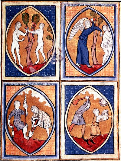 مشاهد من الكتاب المقدس مصورة في الفك السفلي. يصل آدم وحواء يقطفان الثمرة المحرمة ، ثم يصطادان من السماء. في الأسفل هناك آدم يعمل على الأرض وحواء تعطي الصوف لقايين وهابيل. صورة مصغرة من مخطوطة من القرن الثالث عشر. بورتو ، مكتبة البلدية بواسطة فنان غير معروف