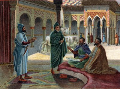 مشاهد الممالك المختفية: المجلس المغاربي (الاسم الذي يطلق على العرب الذين احتلوا جزءًا من إسبانيا) في قصر الحمراء في غرناطة. غرناطة هي آخر ولاية مغاربية ، تم الانتهاء منها عام 1482. الطباعة الحجرية الملونة للقرن التاسع عشر. بواسطة فنان غير معروف