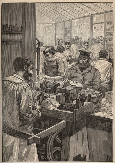 حنجرة البحر: تصنيع غليون البحر. نقش من عام 1885 في "" Les Arts et metiers Illustres "" لأدولف بيتارد. بواسطة فنان غير معروف