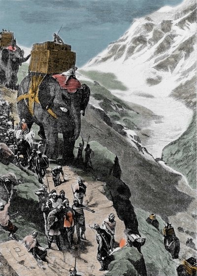 الحرب البونيقية الثانية. عبور جيش حنبعل برقة جبال الألب عام 218 ق.م. نقش إيطالي من القرن التاسع عشر. بواسطة فنان غير معروف