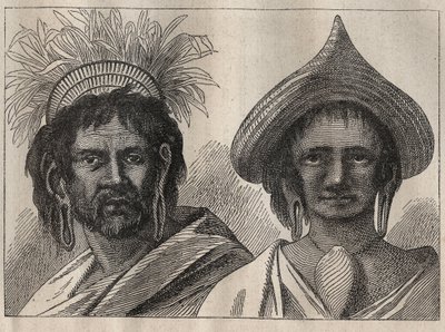 الرحلة الثانية (1772-1775) للكابتن جيمس كوك (1728-1779): رجل وامرأة من جزيرة إيستر - رسم توضيحي من "البحارة العظماء في القرن الثامن عشر" بواسطة فنان غير معروف