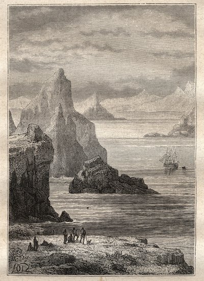 الرحلة الثانية (1772-1775) للكابتن جيمس كوك (1728-1779): منظر لقناة نويل ، تير دي فويغو - رسم توضيحي مأخوذ من "البحارة العظماء في القرن الثامن عشر" بواسطة فنان غير معروف