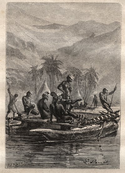 الرحلة الثانية (1772-1775) للكابتن جيمس كوك (1728-1779): كان لدى السكان الأصليين ثقة كافية للاقتراب والتبادل (كاليدونيا الجديدة) - رسم توضيحي مأخوذ من "البحارة العظماء في القرن الثامن عشر" بواسطة فنان غير معروف