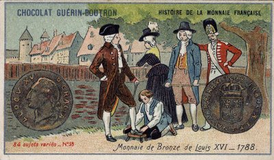 سلسلة تاريخ دار السك الفرنسية التي نشرتها Chocolat Guérin Boutron. الطباعة الحجرية الملونة في القرن التاسع عشر. عملة برونزية لويس السادس عشر عام 1788 بواسطة فنان غير معروف