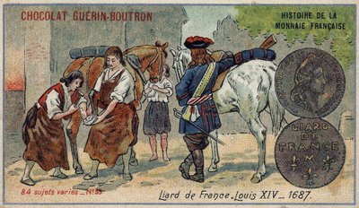 سلسلة تاريخ دار السك الفرنسية التي نشرتها Chocolat Guérin Boutron. الطباعة الحجرية الملونة في القرن التاسع عشر. Liard من فرنسا. لويس الرابع عشر عام 1687 بواسطة فنان غير معروف