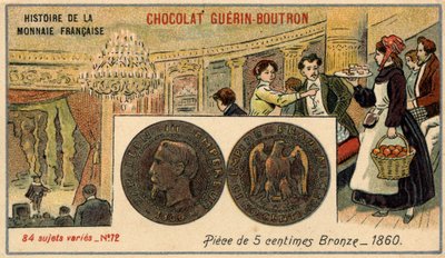 سلسلة تاريخ دار السك الفرنسية التي نشرتها Chocolat Guérin Boutron. الطباعة الحجرية الملونة في القرن التاسع عشر. عملة برونزية 5 سنت في عام 1860. نابليون الثالث. بواسطة فنان غير معروف