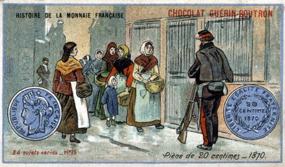 سلسلة تاريخ دار السك الفرنسية التي نشرتها Chocolat Guérin Boutron. الطباعة الحجرية الملونة في القرن التاسع عشر. 20 سنتا عملة في عام 1870 بواسطة فنان غير معروف