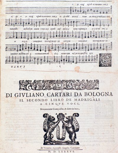 صفحة الموسيقى النوتة من Madrigals (الكتاب الثاني) لجوليانو كارتاري من بولونيا بواسطة فنان غير معروف