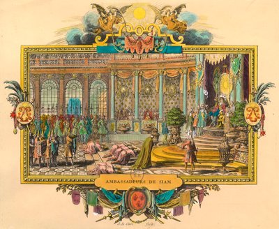 سفراء صيام في بلاط الملك لويس الرابع عشر عام 1686. نقش. مجموعة خاصة بواسطة فنان غير معروف
