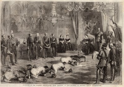 زحف سفراء صيام إلى الملكة فيكتوريا إيري (1819-1901) والأمير ألبرت (1819-1861) أثناء زيارتهم لقلعة وندسور. نقش في "" أخبار لندن المصورة "بتاريخ ٥ ديسمبر ١٨٥٧. بواسطة فنان غير معروف