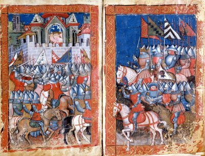 حصار بامبلونا في إسبانيا من قبل شارلمان المصغر من “Entree of Spain”. مدينة البندقية في القرن الرابع عشر ، مكتبة مارسيانا. بواسطة فنان غير معروف