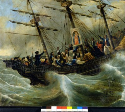 غرق سفينة سويسرية مهاجرة. صورة سابقة لعام 1856 من حرم مادونا ديل ساسو في لوكارنو. لوحة منسوبة إلى جيوفاني أنطونيو فانيوني. بواسطة فنان غير معروف
