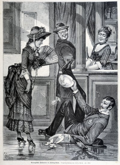 مشهد التزلج في مصنع الجعة. صبي يسقط ويكسر الصفائح التي كان يرتديها (1883). بواسطة فنان غير معروف