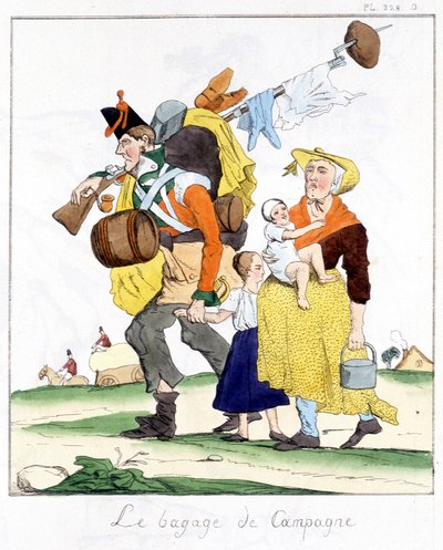 جندي إنجليزي من الحملات ضد نابليون يحرج من زوجته وأطفاله - في "متحف الكاريكاتير" بقلم إي خايمي ، محرر. ديلوي ، باريس بواسطة فنان غير معروف
