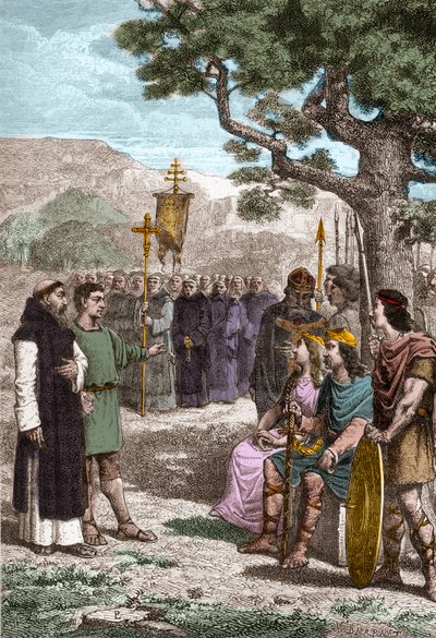 القديس أوغسطين من كانتربري (ت 604) يعظ قبل إثيلبرت (552؟ -616) ملك كينت الأنجلو ساكسوني الذي عمده عام 597 - أرسل أوغسطينوس البابا غريغوري الأول لتحويل الأنجلو ساكسون إلى المسيحية - تمثيل القديس أوغسطين من كانتربري ( د 604) ، بواسطة فنان غير معروف