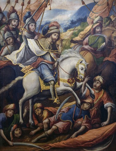 سانت جيمس على ظهور الخيل يقتل المور ، تفاصيل من بارافينتو ديلا كونكويستا (شاشة الغزو) ، زيت على قماش لفنان غير معروف من القرن السابع عشر ، 213 × 550 سم ، المكسيك بواسطة فنان غير معروف