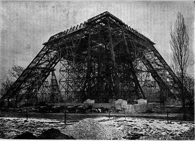 حالة بناء برج إيفل في باريس في بداية مارس 1888 ، نقش في جريدة "la jeunesse" " بواسطة فنان غير معروف
