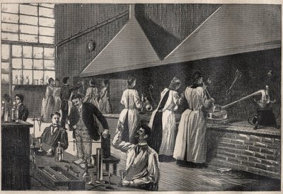 الطلاب والأساتذة في المختبر العملي في Conservatoire des Arts et Metiers (Arts-et-Metiers) في باريس بواسطة فنان غير معروف