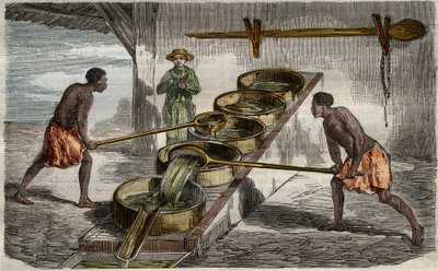 صناعة السكر: غلايات لطهي عصير قصب السكر في مصنع للسكر في جزر الهند الغربية. نقش من عام 1859 في "متحف العلوم" بواسطة فنان غير معروف