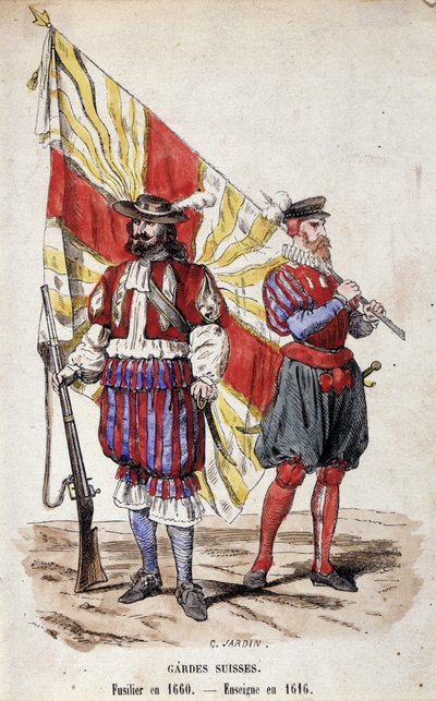 الحرس السويسري: Fusilier في عام 1660 و إنساين في عام 1616. بواسطة فنان غير معروف