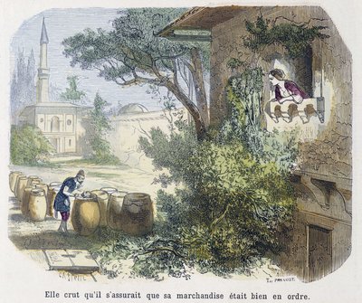 الحكاية: "" كانت تعتقد أنه كان يتأكد من أن بضاعته مرتبة "" - في "" ألف ليلة وليلة "، محرر. إميل غيران ، رواه إم دي بونديت ، باريس ، nd بواسطة فنان غير معروف