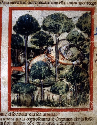 ثامار (تمار) يمتلكه أمنون (عمون) "مصغر مأخوذ من مجلد 212 (أو مجلد بادوفانو أو الكتاب المقدس لبادوا) 1390-1400 روفيغو ، أكاديميا دي كونكوردي بواسطة فنان غير معروف